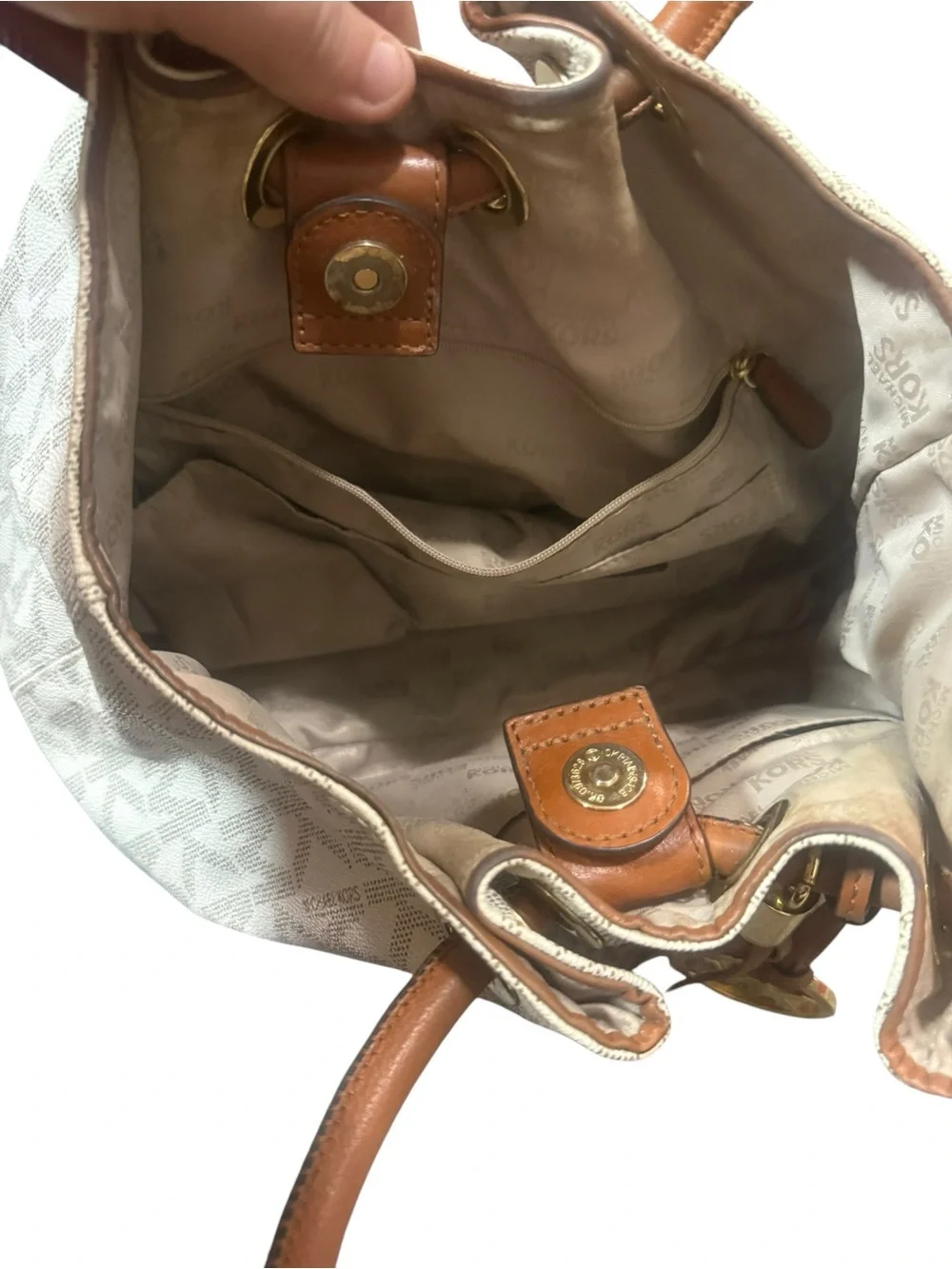 Michael Kors White MK Logo Tote with Tan Leather Handles